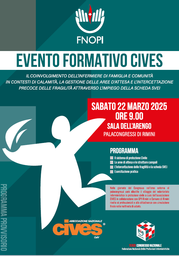 Evento formativo CIVES al Terzo Congresso nazionale FNOPI “Infermiere³ – Innovazione, sfide e soluzioni” in programma dal 20 al 22 marzo 2025 al Palacongressi di Rimini.